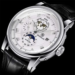 Relógio multifuncional masculino totalmente automático mecânico tendência de alta qualidade relógio masculino de couro à prova d'água