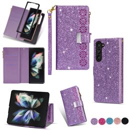 Étuis à fermeture éclair multifonctionnels pour Samsung Galaxy Z Fold 5 4 3 Fold4 ZFold5 Portefeuille en cuir Bling Glitter Cover Card Slot Pocket Lace Flower Luxury Sparkle Folding Pouch