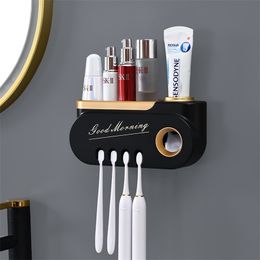 Porte-brosse à dents multi-suspendu Distributeur automatique de dentifrice Squeezer Maquillage Rack de stockage Accessoires de salle de bain Ensembles Articles pour la maison 211130