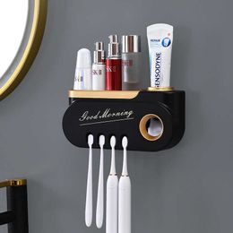 Soporte de cepillo de dientes colgante múltiple dispensador automático de pasta de dientes estante de almacenamiento de maquillaje para accesorios de baño Set 210709