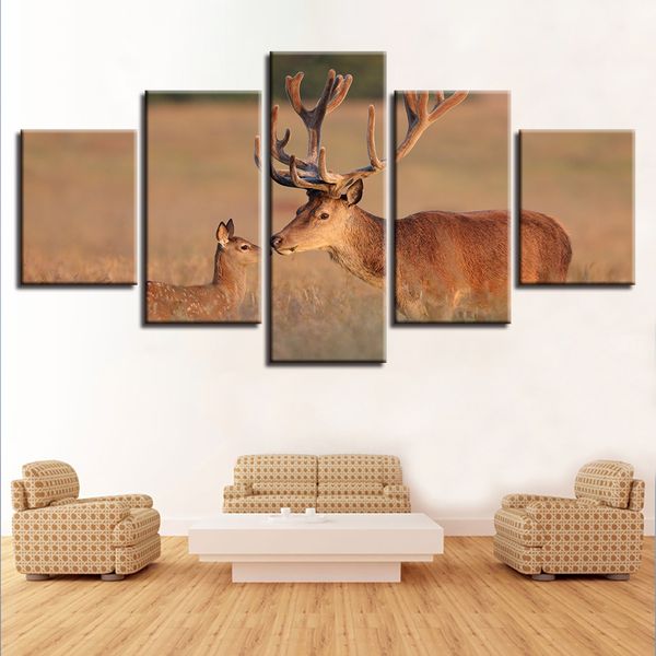 Alces masculinos con múltiples cuernos y sus niños, lienzo, impresiones de alta definición, carteles, decoración de pared para el hogar, imágenes artísticas, KIT de 5 piezas, pinturas sin marco