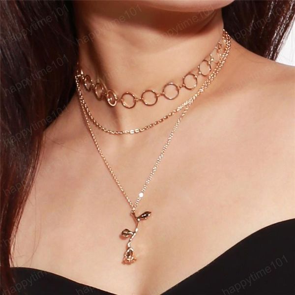 Multi couche cercle anneau pendentif collier alliage Rose fleur Chokers femmes filles mode serpent chaînes bijoux accessoires