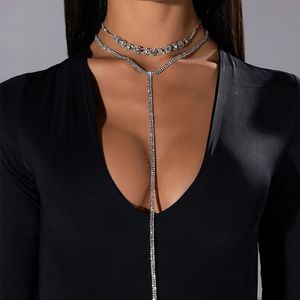 Multi-couche Full Diamond Long Tassel Chokers Collier pour Femmes Griffe Strass Chaîne Nouvelle Mode Sexy Cristal Bling Brillant Hip Hop Punk Bijoux Cadeaux De Fête