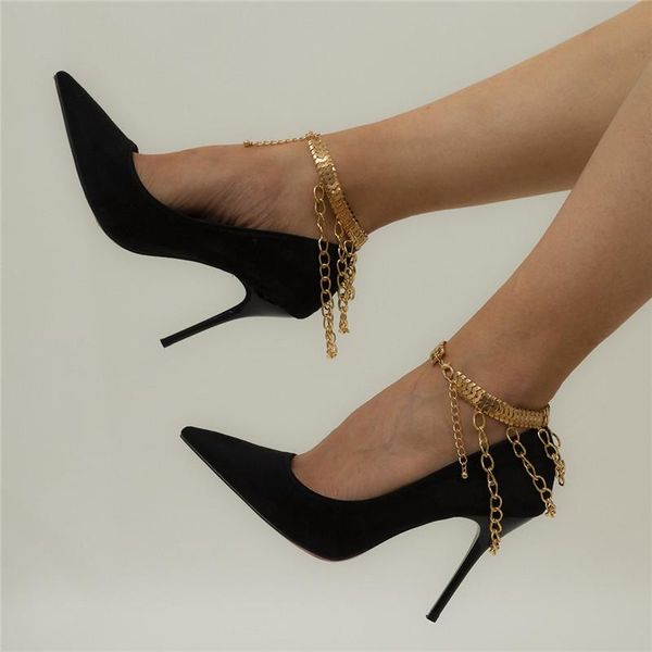 Bracelets de cheville en métal à pampilles multicouches, chaîne de chaussures serpent en aluminium et fer pour femmes, décoration à talons hauts en or, accessoires d'ornements de pied