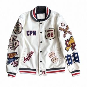 Uniforme de baseball blanc brodé multi-lettres, uniforme de baseball de style explosif pour hommes, veste en cuir, manteau de l'industrie lourde o04b #