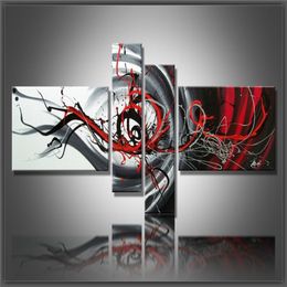 Combinaison multi-pièces 4 pcs / ensemble toile art abstrait peinture à l'huile noir blanc et rouge décoration murale images peintes à la main décor à la maison225t