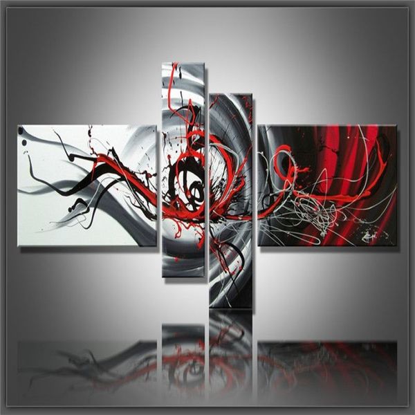 Combinación de piezas múltiples 4 piezas / set Arte de la lona Pintura al óleo abstracta Negro Blanco y rojo Decoración de la pared Imágenes pintadas a mano Decoración para el hogar3442