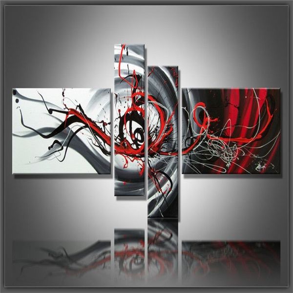 Combinación de piezas múltiples 4 piezas / set Arte de la lona Pintura al óleo abstracta Negro Blanco y rojo Decoración de la pared Imágenes pintadas a mano Decoración del hogar 333w