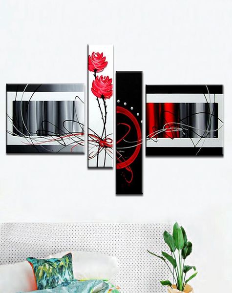 Combinación de varias piezas 4 piezas Arte de la lona Pintura al óleo abstracta Cuchillo flores Negro Blanco y rojo Decoración de la pared pintado a mano Pictu9039370