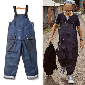 Multi-poche Contraste Stitch Denim Salopette Mens Vintage Jeans Combinaison Cargo Pantalon de travail Baggy Bib Pantalon Hommes Mode 210319