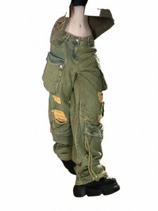 Multi-pocket Distred Ripped Wijde Jeans Amerikaanse Retro Fi Rechte Jeans Harajuku Stijl Hip Hop Y2k losse Broek 89DG #