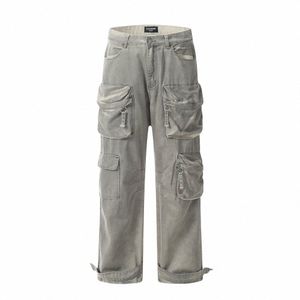 Pantalon cargo multi-poches Distred à jambe droite pour hommes en vrac Wed Safari Style Denim Pantalons Jeans décontractés pour hommes N9Oi #