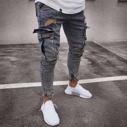 Multi Pocket Mannen Gescheurde Skinny Jeans Vernietigd Verzwakte Slim Fit Denim Broek Casual Gat Rits Nostalgische Blauwe Broek 663
