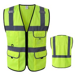 Vêtements de construction Gilet de sécurité réfléchissant multi-poches Gilet de circulation de couleur vive Uniforme de mineurs de charbon de chemin de fer Gilet réfléchissant en maille respirante