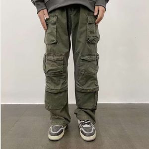 Werkkleding met meerdere zakken voor heren en dames, los en trendy merk, katoenen legergroene casual broek met rechte buis