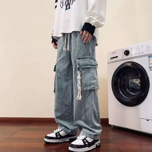 Multi Pocket Workwear Jeans Men's 2024 New Trendy Brand Men's Pant's High Street Wide Jam Long Pantal