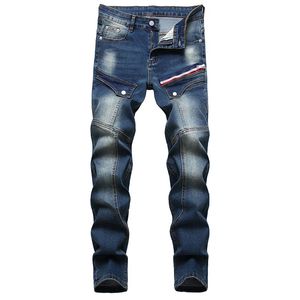 Jeans decorativos de cremallera de bolsillo de varios bolsillos Pantalones de costura personalizados de otoño e invierno para hombres Fit Slim Pantalones Streetwear Biker