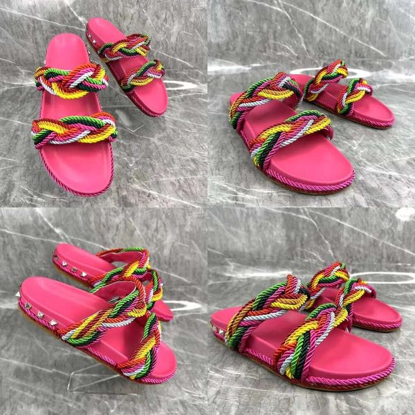Multi sandals couleur corde tresse femmes pantoufles basse plate-forme rond rond patchs en cuir rose glissa sur les chaussures décontractées qualité originale