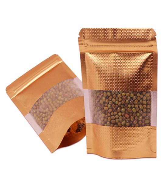 Doypack en aluminium doré multi-tailles, sac réutilisable avec fenêtre transparente pour collation, épices, thé, feuille de Mylar gaufrée, fermeture éclair, alimentaire, Stora8792959