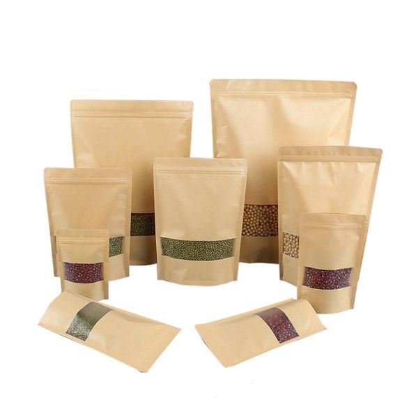 Sacs d'emballage alimentaire en papier kraft multi-tailles avec fenêtre transparente sur le devant Stand up Zip Lock Coffee Packing Bag Tea Package Pouches251C