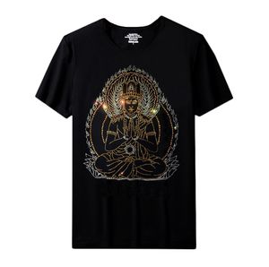 T-shirt à manches courtes et col ras du cou pour homme et femme, haut décontracté avec strass, noir, coupe cintrée, été