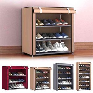 Multi niveaux anti-poussière portable en acier empilable stockage non-tissé tissu chaussures organisateur placard maison support étagère armoire 210811