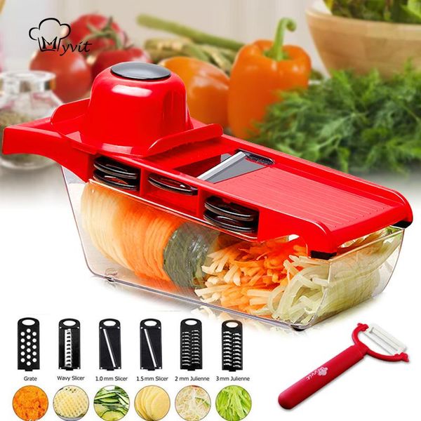 Herramientas múltiples Verdura Fruta Mandolina Cortador Cortador Rallador Patata Zanahoria Queso Pelador Corte Accesorios de cocina 6 Hoja de acero inoxidable YL0238