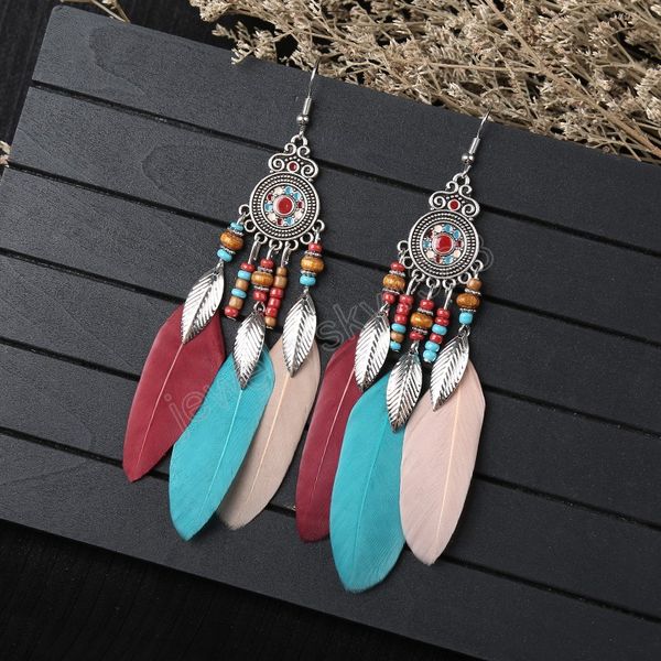 Pendientes colgantes de plumas bohemios Multicolor para Mujer, Pendientes largos de hoja hechos a mano con cuentas geométricas de aleación para Mujer, joyería india, Pendientes