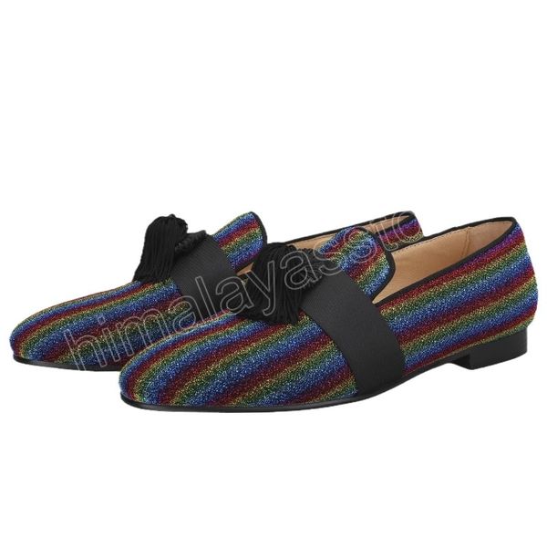 Zapatos de vestir de lona multicolor con adornos negros con flecos hombres hechos a mano mocasines talla grande