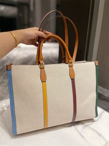 Bolso tote de lona multicolor Bolsos de mujer natural Bolsos de hombro de dama Bolsos cruzados de diseñador Totes de compras Con correa doble y autosoporte de cuero de dos colores