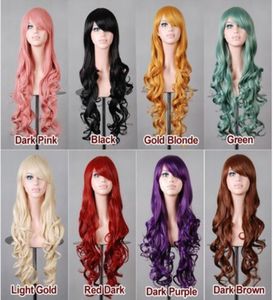 Peluca de pelo sintético de mujer barata multicolor moda anime pelo resistente al calor 80 cm pelucas de cosplay onduladas largas para la noche de fiesta de Halloweenc2278492