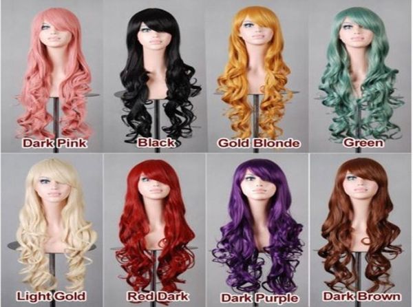 Peluca de pelo sintético para mujer barata multicolor moda Anime pelo resistente al calor 80 cm pelucas de Cosplay onduladas largas para la noche de fiesta de Halloween c2264310