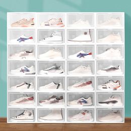 Caixa de sapato transparente multicolorida dobrável de armazenamento de plástico transparente organizador doméstico expositor empilhável combinação de sapatos recipientes caixas de armário JY0769