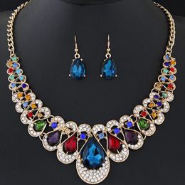 Multicolor Crystal Zirkoon Water Drop Sieraden Sets voor Dames Dames Ketting Oorbellen Sets Bridal Wedding Bijoux Afrika Parures