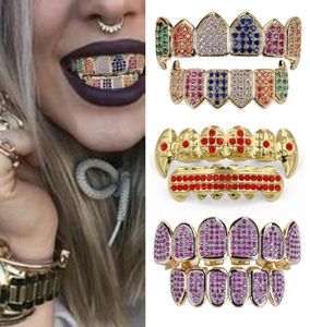 Multicolore CZ Zircon Vampire Dents Fang Grillz 18K Or Réel Punk Hiphop Plein Diamant Grills Bretelles Dent Cap Rappeur Bijoux De Corps 5479965