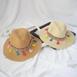 Multicolor etnische stijl Straw Hat Women brim hoed met kleurrijke kwastjes voor zomer strandhoeden dame buiten panama cap shi4343843