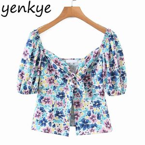 Multicolore Floral Crop Top Femmes Sexy Front Noeud Puff Sleeve Summer Boho Blouse Holiday Tops 210430