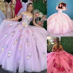 Veelkleurige bloemen geborduurde Quinceanera jurk 3D kant afneembaar off-shoulder kweepeer baljurk korset Sweet 16 verjaardagsfeestje vestidos de 15 anos Charro Mexicaans