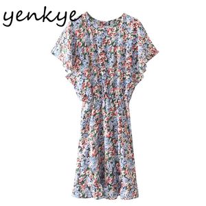 Multicolor Floral Print Jurk Dames O Neck Batwing Mouw Elastische Taille Sundress Kleding Vrouwelijke Zomer Casual Short Robe 210514