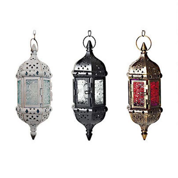 Lanterne suspendue marocaine en verre multicolore bougeoir romantique lampe ouragan en fer pour patio fêtes en plein air mariage