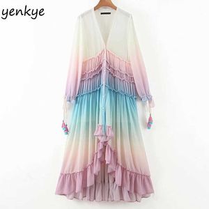 Multicolor Gradiënt Print Lange Maxi Jurk Dames V-hals Lange Mouw Ruffle Vakantie Boho Beach Jurk A-Lijn Chiffon Summer Jurk 210706