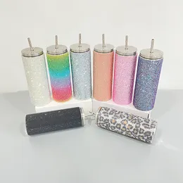 Meerkleurige luxe 20oz bling glitter strass roestvrij staal vacuüm geïsoleerde water koffie beker kleurrijke diamanten kristallen kopjes met deksel en rietje