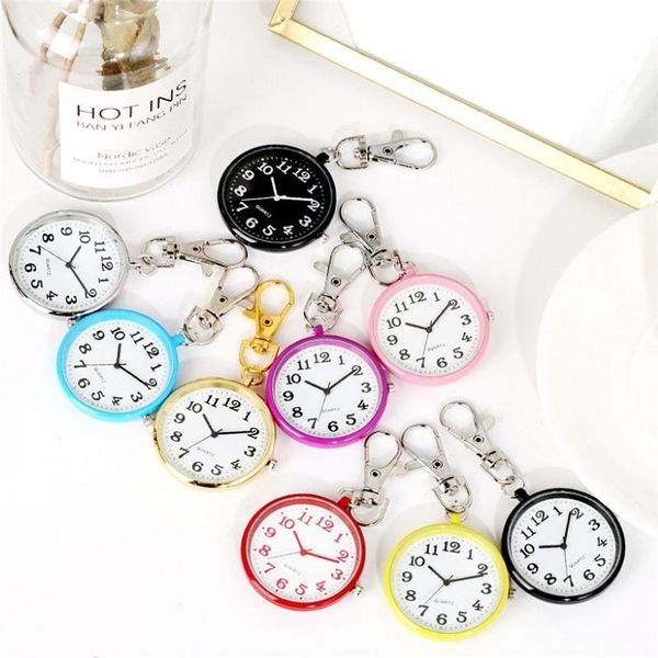 Multicolore Mini boîtier rond infirmière montre de poche femmes dame fille Quartz pendentif montres numéro arabe cadran lumineux porte-clés Clock198c