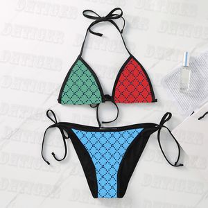 Bikinis à panneaux multicolores, maillot de bain Vintage, col licou, fendu, soutien-gorge de plage Sexy, slip à motif de grille, à la mode