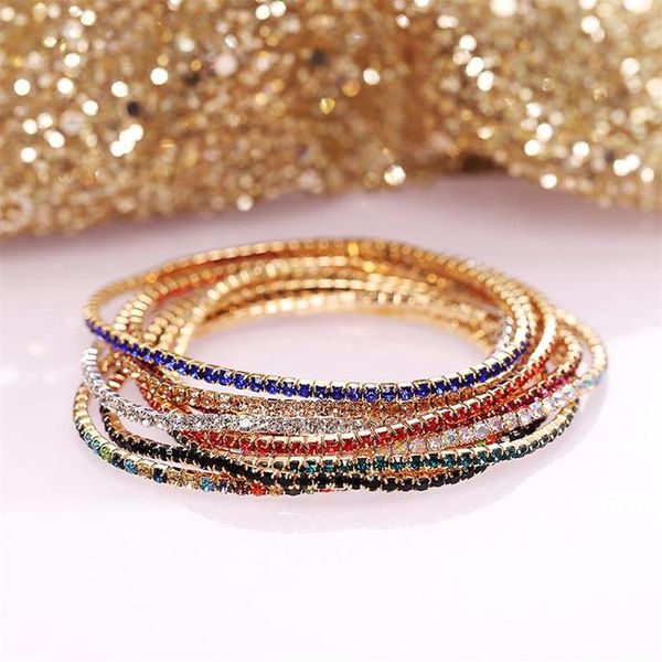 Veelkleurige Strass Verstelbare Elastische Armband Kleurrijke Crystal Tennis Iced Out Chain Vrouwen Pulseira Feminia Sieraden Link 313a