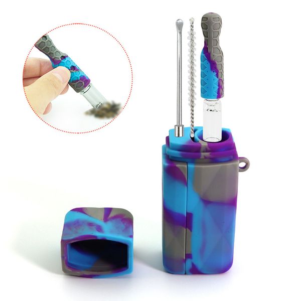 Pipas de fumar de vidrio de silicona multicolor con caja de silicona Set Cepillo de tubo de humo portátil Cuchara de 58 mm Contenedor de hierba de tabaco Titular de cigarrillo Regalo de cumpleaños ZL1101