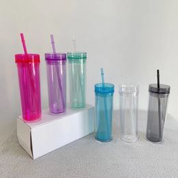 Multicolor stock 16 oz dubbele ommuurde acrylbekers herbruikbaar geïsoleerde doorzichtige plastic drinktuimelaar met deksels en rietjes voor koude koffie, frisdrank, verkocht door geval