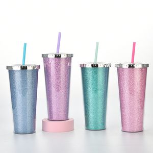 Multicolored 24oz Glitter Sippy Cup Tumbler Dubbele Muur Geïsoleerde Plastic Sportfles Mok met Rietjes Klantgericht DIY Gift Water Tumblers FHL349-ZWL710