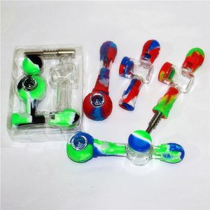 Hookahs Juego de néctar de vidrio de silicona para fumar multifuncional Contenedor de cera de bolsa de tabaco premium con tarro de almacenamiento de uñas de titanio Tazón de cenicero de 14 mm