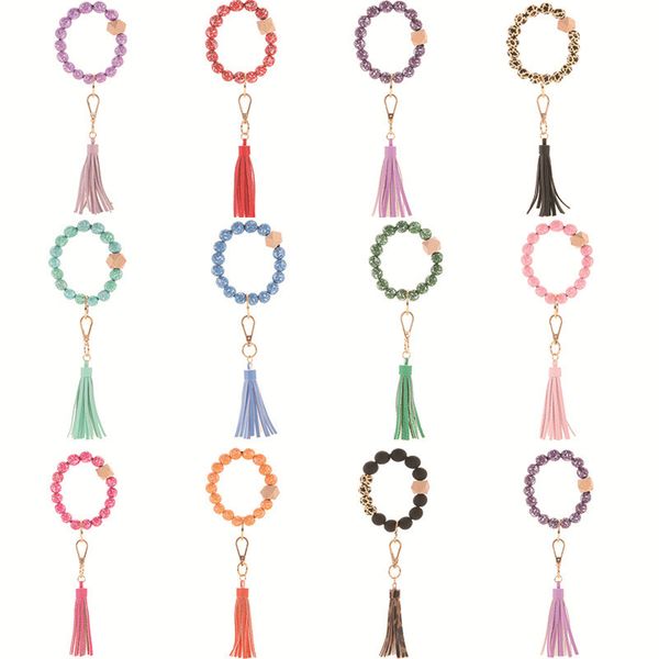 Multiful Tassel Circle Wristlet Keychain Bangles Fashion Charm Bijoux Florial Leopard imprimé perles en bois bracelet Porte-clés pour les femmes Gir